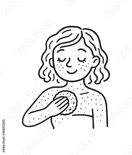 handdrawn cute doodle style woman exfoliating skin with sponge vector line illustration