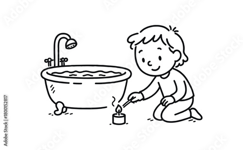 handdrawn cute doodle style person lighting candle near bathtub vector line illustration