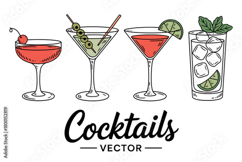 A collection of four colorful cocktails are depicted in a hand-drawn illustration.