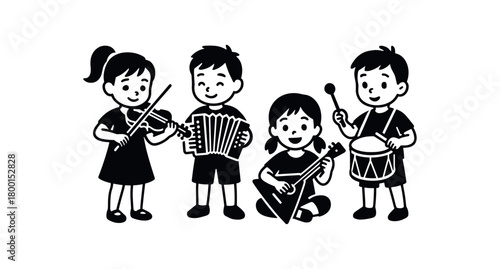children trying folk musical instruments flat black solid vector illustration isolated on white background