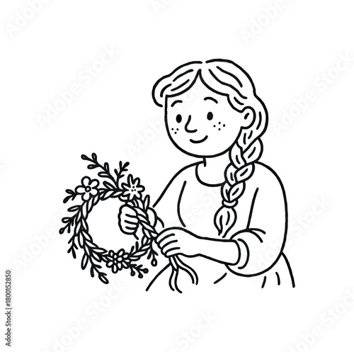 handdrawn cute doodle style woman braiding traditional wreath vector line illustration