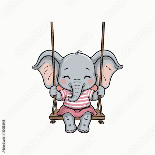 Cute cartoon baby elephant wearing pink striped shirt and skirt happily swinging on a wooden swing illustration