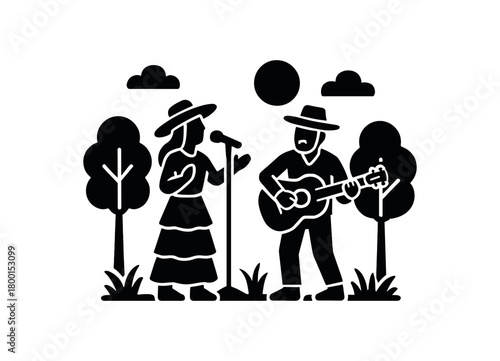 folk singers performing outdoors flat black solid vector illustration isolated on white background