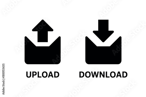 Two black icons represent the concepts of uploading and downloading data.