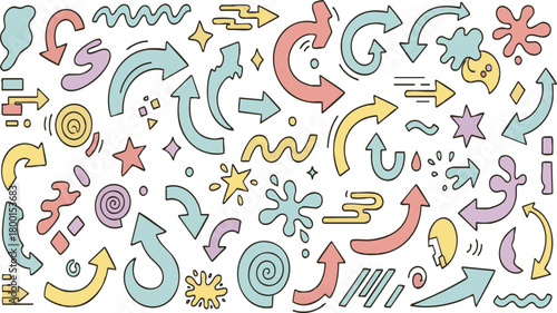 Hand drawn doodle arrows set colorful sketch elements collection indicating direction movement