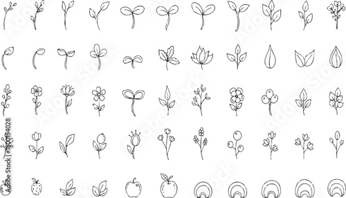 Botanical plant elements collection sprout leaf berry flower doodle set nature line art icons