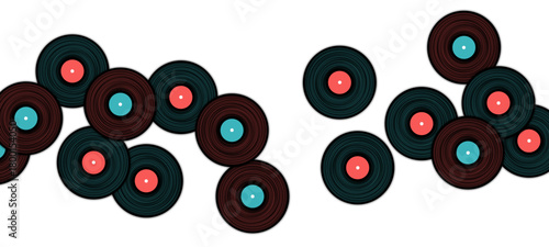 Vinyl records vector musical background. Retro music symbols, vintage style vinyl records vector illustration in black, pink and blue. DJ jukebox plastic elements, music disk logo.