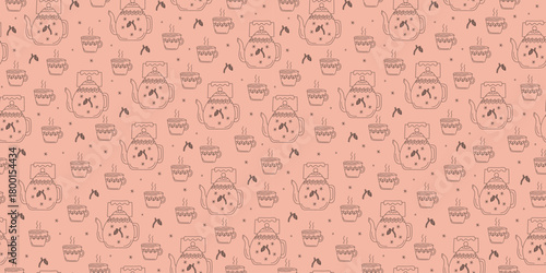 Hot drink pattern. Tea in a cup and teapot. Winter season, snowflakes, fir branch with a pine cone. Seamless background.