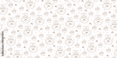 Hot tea in cup and teapot, pattern. Winter season, snowflakes, fir branch with a pine cone. Seamless background.