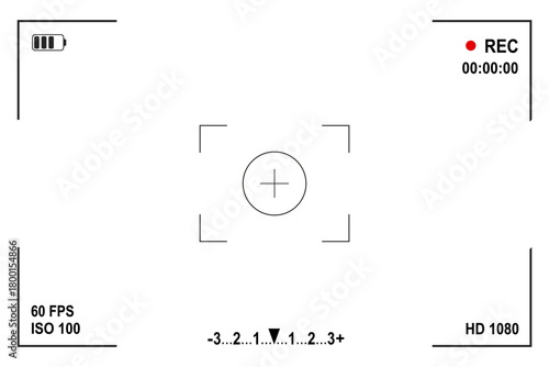 Photo and video camera viewfinder display screen frame, camera interface with information indicators, zoom exposure, camcorder shutter snapshot