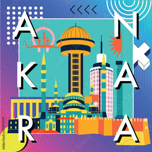 Typography word "Ankara" branding technology concept. Collection of flat vector web icons. Memphis culture travel set, famous architectures and specialties detailed silhouette. Turkish famous landmark