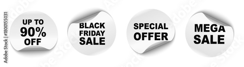 Offer sticker tag set. Sale promo sign. Black friday paper price banners. Curled round white paper sticker with different advertising texts