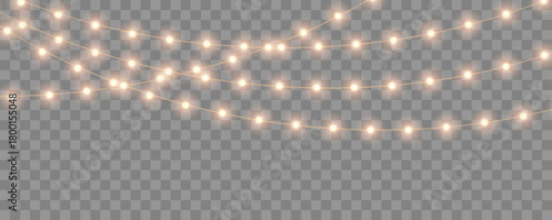 Christmas lights with glowing bulbs. Bright garland decoration for holiday. Gold Christmas and New Year bright garlands on transparent background, led light strips - for stock