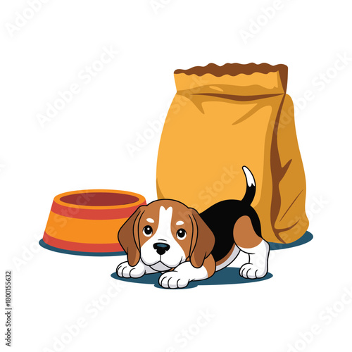 Cute cartoon beagle puppy lying down next to a dog food bag and a colorful food bowl animal.