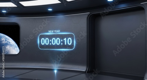 Fototapeta Naklejka Na Ścianę i Meble -  New Year countdown inside futuristic spaceship or space station with earth view from window. Concept of future celebration and time passing.