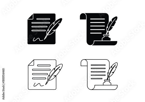 Elegant feather quill writing symbols set document scroll inkwell - Vector icon symbol for website - Icon vector - Blue icon vector - Line and glyph solid icon set