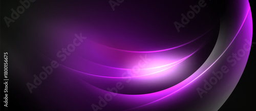 Abstract purple waves radiate from bright center. Smooth gradients create dynamic, modern visual effect. Dark background enhances luminosity.