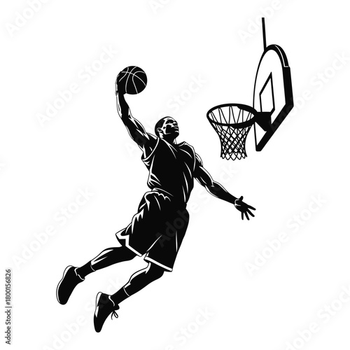 Athlete soaring high for slam dunk in basketball game action