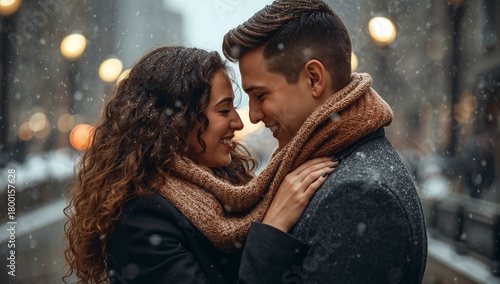 A couple embracing in the snow with a scarf and coats on a city street with blurred lights in the background