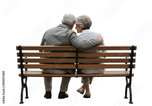 Elderly couple embracing on a wooden park bench isolated on transparent background