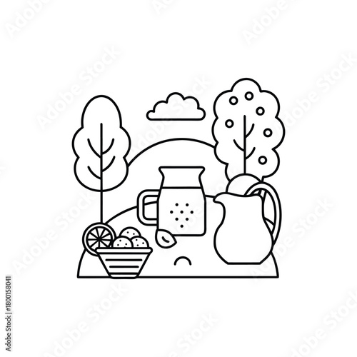 Fresh Lemonade Picnic Line Art Illustration for Summer Refreshment Concept