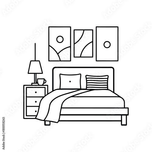 Minimalist bedroom interior design with double bed and bedside table artwork