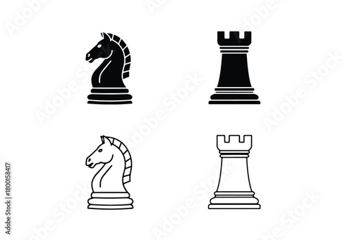 Chess knight and rook icons set game pieces - Vector icon symbol for website - Icon vector - Blue icon vector - Line and glyph solid icon set