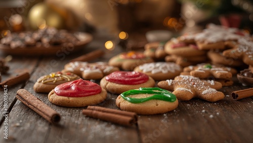 Close up of christmas cookies with colorful frosting on a rustic wooden surface and cinnamon sticks