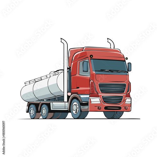 Red tanker truck with a large cylindrical tank for hauling liquids
