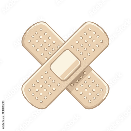 Two crossed adhesive bandages on a white background providing first aid and wound care
