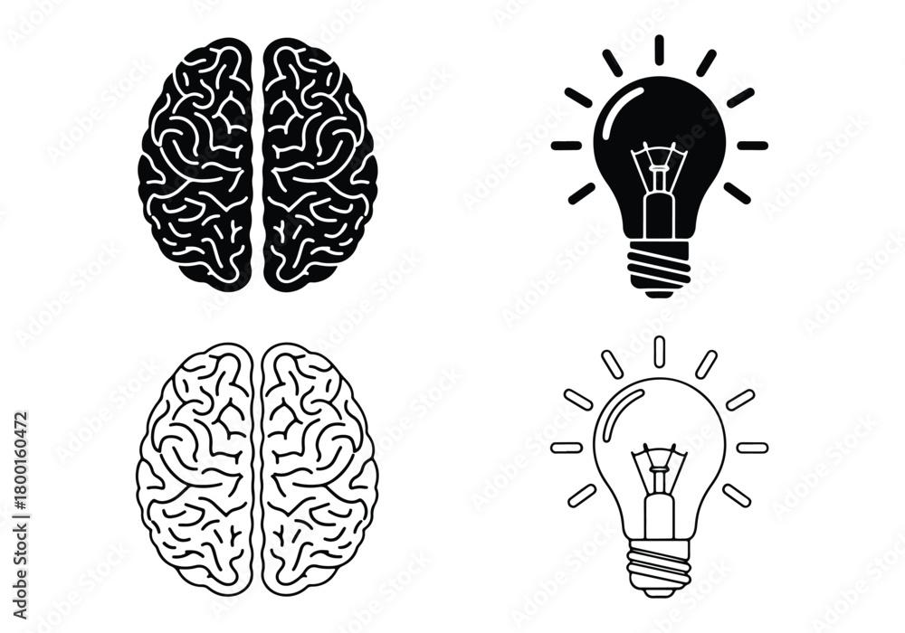 Naklejka premium Brain and lightbulb concepts for ideas and intelligence - Vector icon symbol for website - Icon vector - Blue icon vector - Line and glyph solid icon set