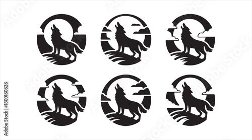 Dramatic wolf icons in bold black silhouettes featuring outdoor wilderness scenes