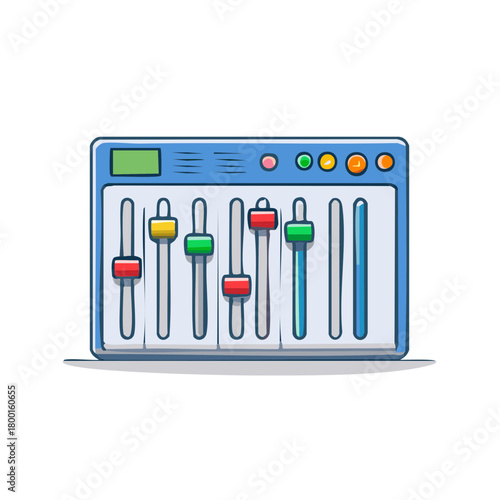 Cartoon illustration of a mixing board for audio control with colored sliders
