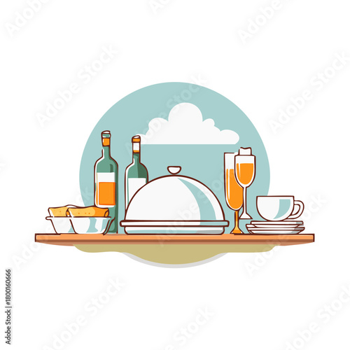 Illustrated still life with various foods, drinks, and serving dishes