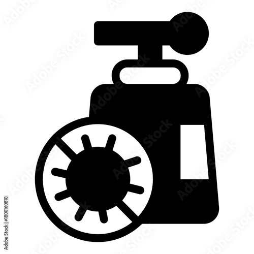 Bottle of liquid soap and no bacteria badge solid icon, hygiene concept. Vector graphics. Soap bottle sign on white background, style icon mobile or web design.