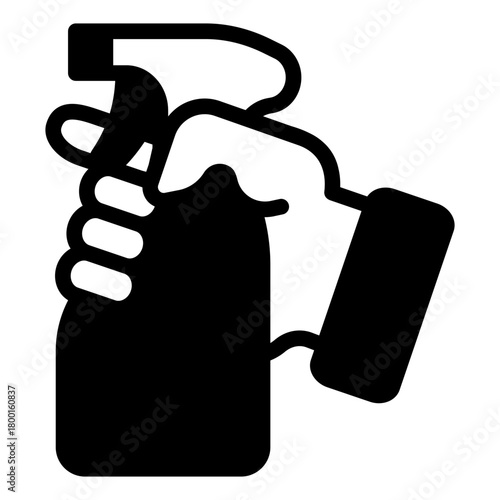 Spray bottle in hand solid icon, washing concept. Vector graphics. Hand with antiseptic bottle sign on white background, style icon mobile or web design.
