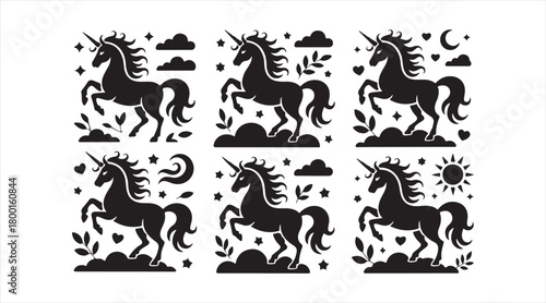 Black unicorn silhouette pack representing fantasy, magic, and enchanted illustration themes