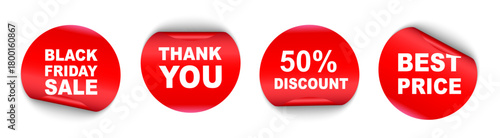 Offer sticker tag set. Sale promo sign. Black friday paper price banners. Curled round red paper sticker with different advertising texts