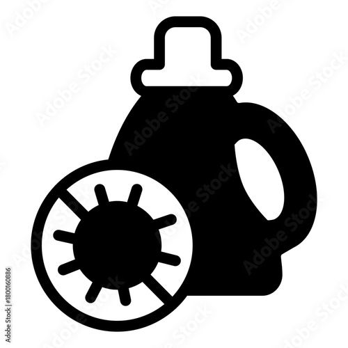 Detergent bottle with handle solid icon, antibacterial agent concept. Vector graphics. Bottle nd bacteria ban sign on white background, style icon mobile or web design.