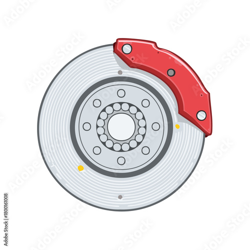 Car Disc Brake Detail with Red Caliper and Metal Rotor for Auto Performance Illustration