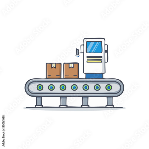 Automated Parcel Processing System with Conveyor Belt and Inkjet Printer in Vector Illustration