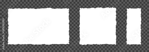 Torn paper pieces frame set isolated on transparent background, ragged memory sheets with uneven edges, square and rectangle with jagged edges, checkered edges, torn paper shape