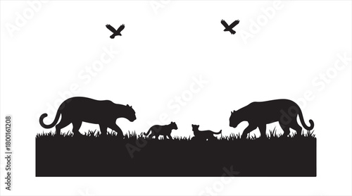 Detailed wildlife composition with predators, herbivores, and birds in grassy terrain