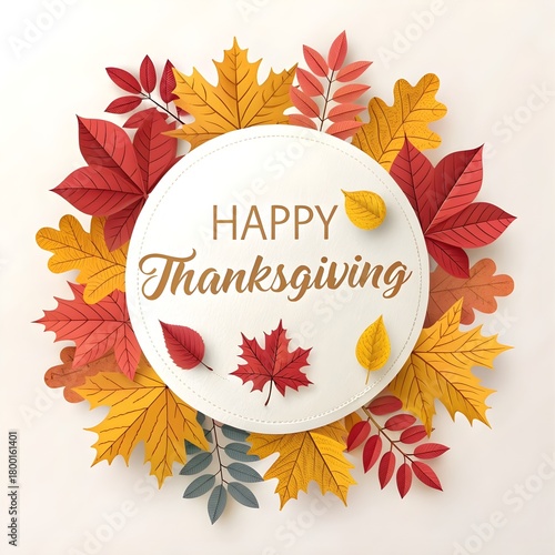 Happy Thanksgiving Digital Wreath Illustration with Autumn Leaves