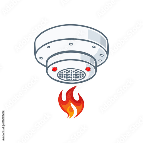 Smoke detector alarm sensing fire danger with red lights and flame illustration