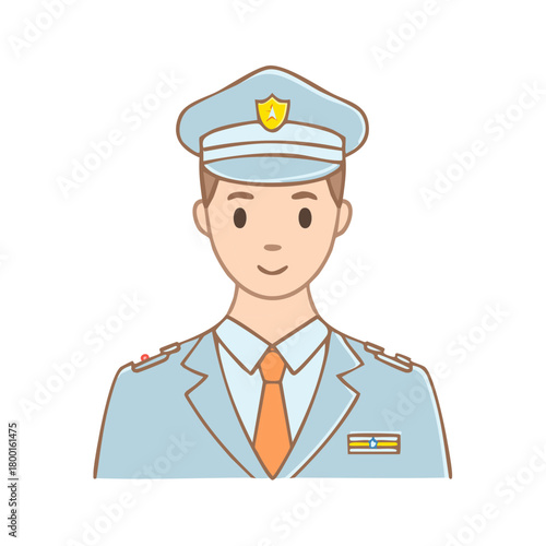 Smiling male professional in light blue uniform cap and orange tie cartoon illustration