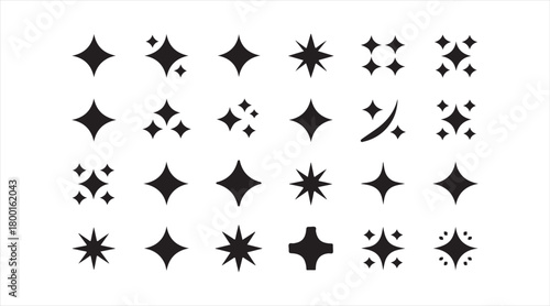 Collection of celestial sparkle symbols with varied luminous forms on white background