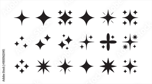 Black twinkling star shapes and radiant bursts perfect for graphic accents and highlights