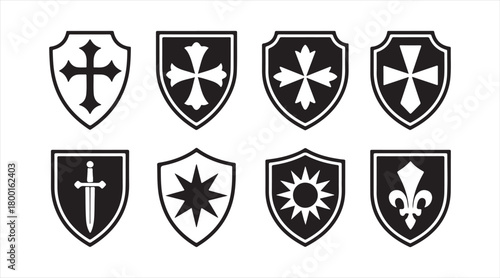 Black silhouette shields with various heraldic symbols for vintage and fantasy themes