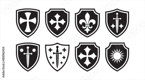 Medieval shield icon collection featuring classic protective symbols and decorative badges